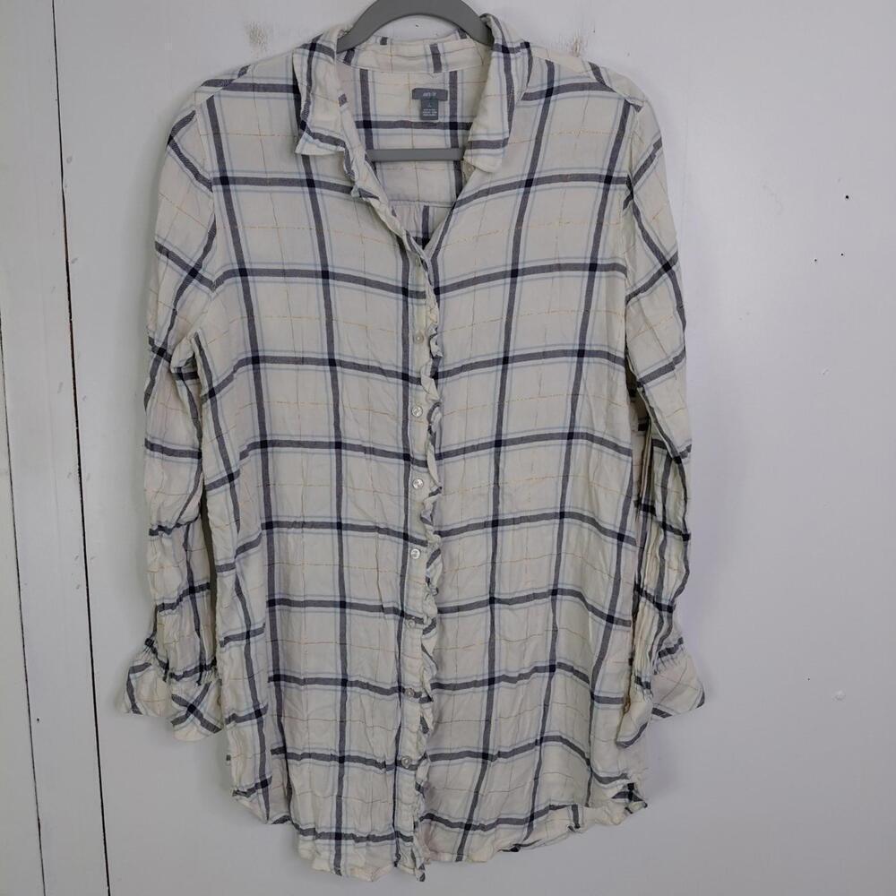 Aerie Top Womens Medium Button Up Ruffle Plaid Neutral Lounge Weekend Grid